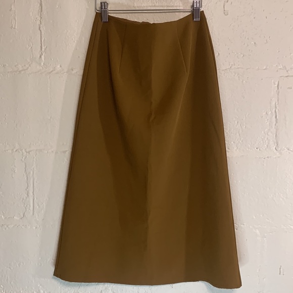 TOPSHOP Tan Zip Front High Waist Raw Hem A-Line Skirt Sz 2 - Picture 4 of 6